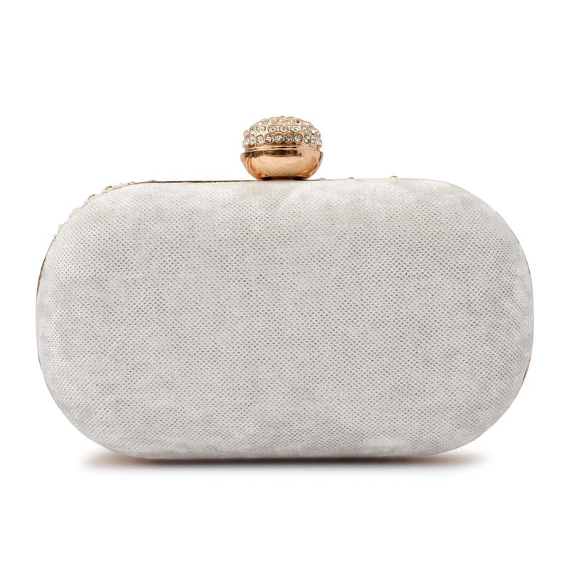 For The Beautiful You Elegant Beaded Clutch Purse for Women – Emroidered Bag with Gold Chain, Rhinestone Clasp and Stone Detailing (Cap Pebble White)