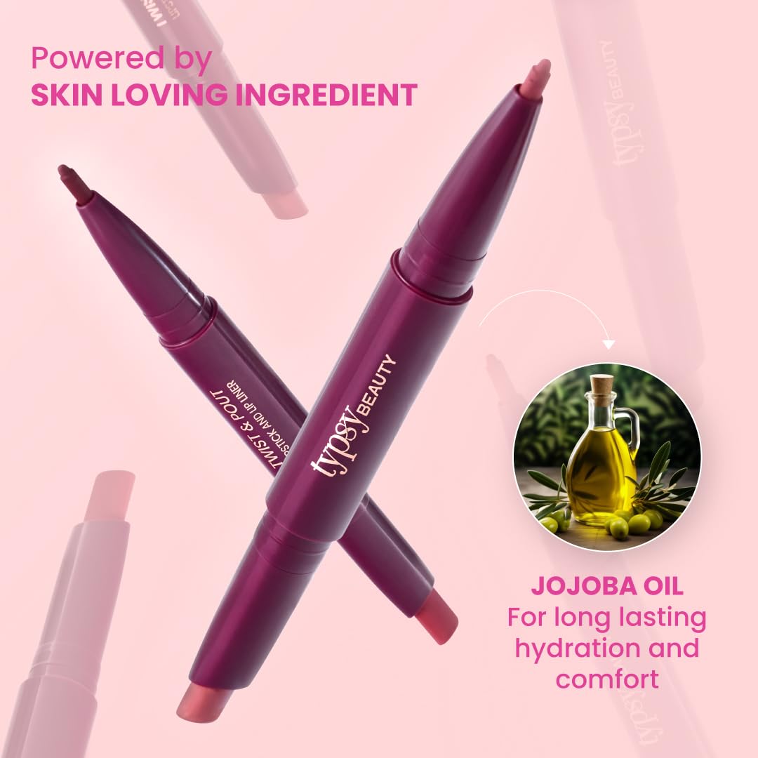 Typsy Beauty Twist & Pout Lipstick & Lip Liner I Lipstick with Matching Liner for Defined Lips I Fresh Princess | Matte Finish & Contoured Lip Effect I Rose Pink | Paraben Free | 0.75 + 0.16g