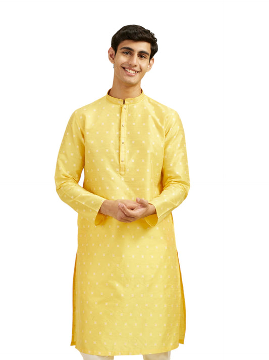 DIWAS BY MANYAVAR Men's Art Silk Jacquard Weave Kurta (Yellow,XL)
