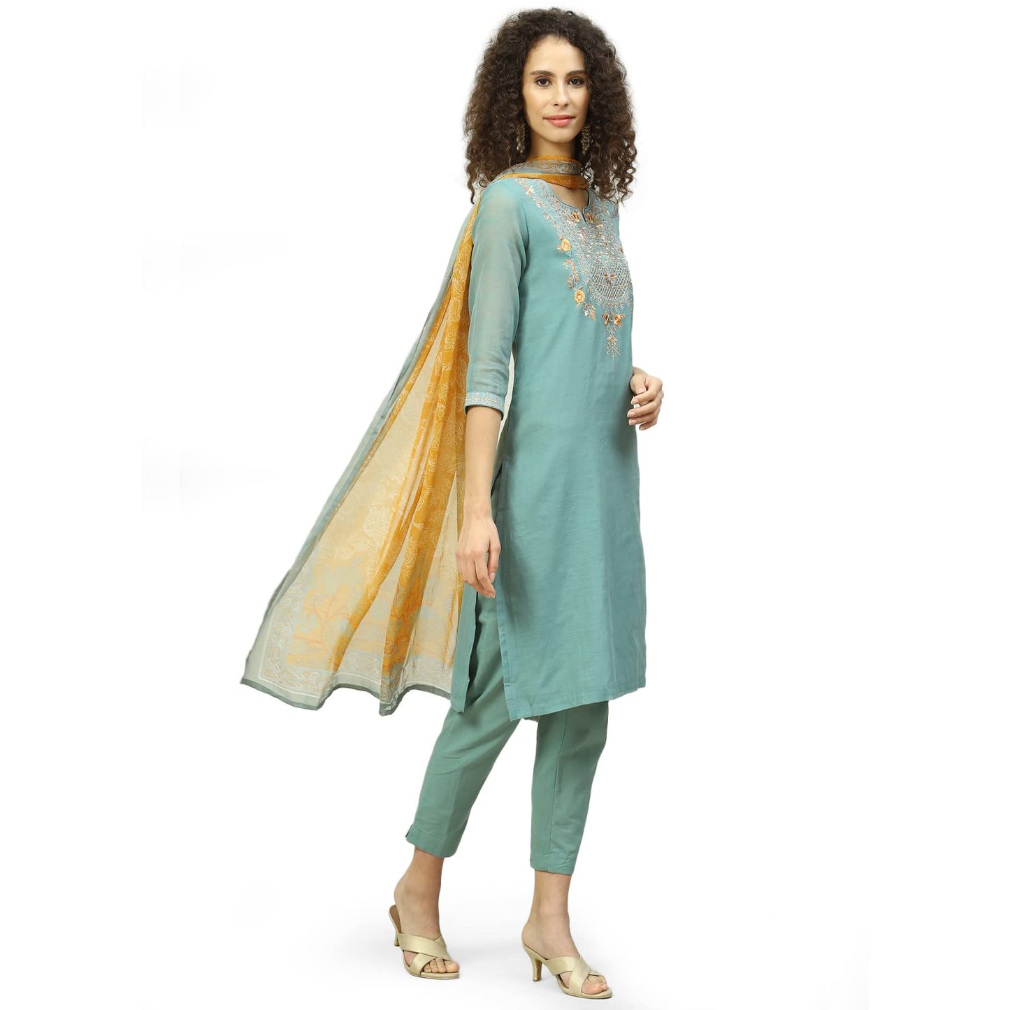 BIBA Women's Sage Green Art Silk Straight Kurta Slim Pant Suit Set