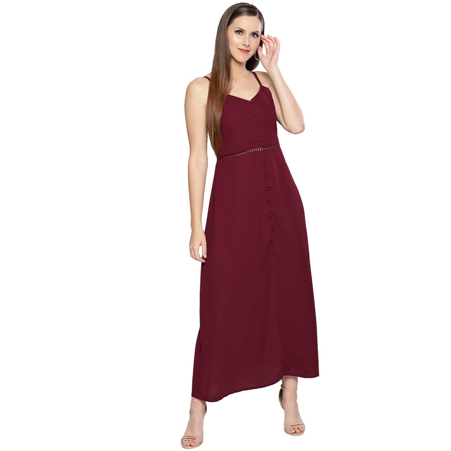 Carlton London Women's Georgette a-line midi Dress (CL075A_Maroon_Large)