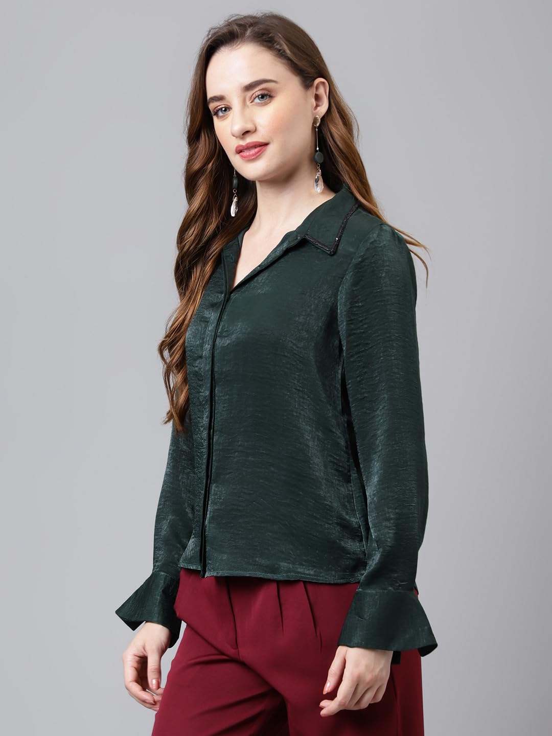 Latin Quarters Women's Green Bottle Full Sleeves Solid/Plain Collar Neck Polyester Top_L