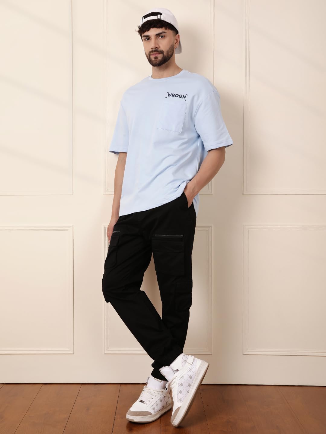 WROGN Men's 220 GSM Pure Cotton Terry T-Shirt | Front & Back Graphic Print | Oversized Fit | Blue | M