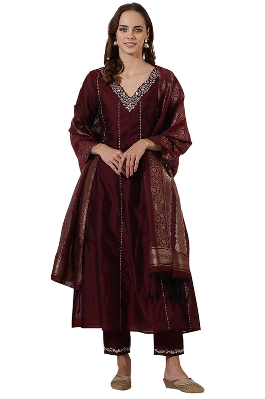 W Maroon A-line Kurta, Straight Pant & Dupatta for Women (Size: 2XL)-24AUWS11183-222470