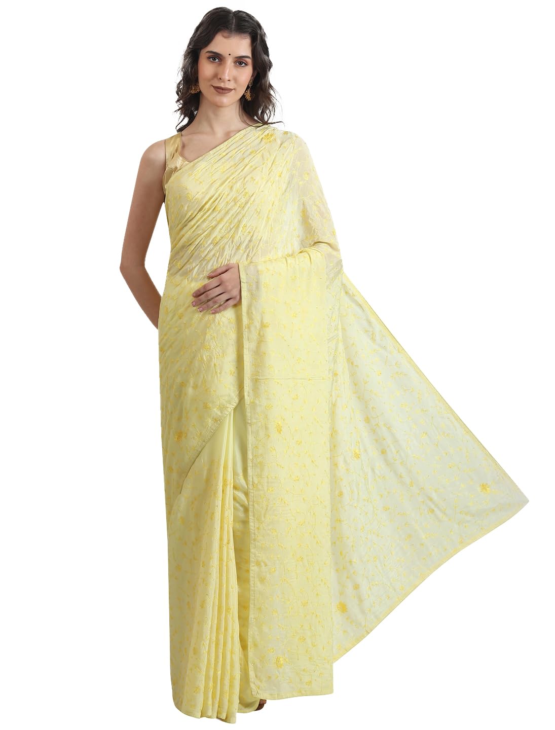 THE WEAVERS SHOP BY RAAVI Pure Chiffon Thread Jaal Hand Embroidery Saree With Unstitched Blouse