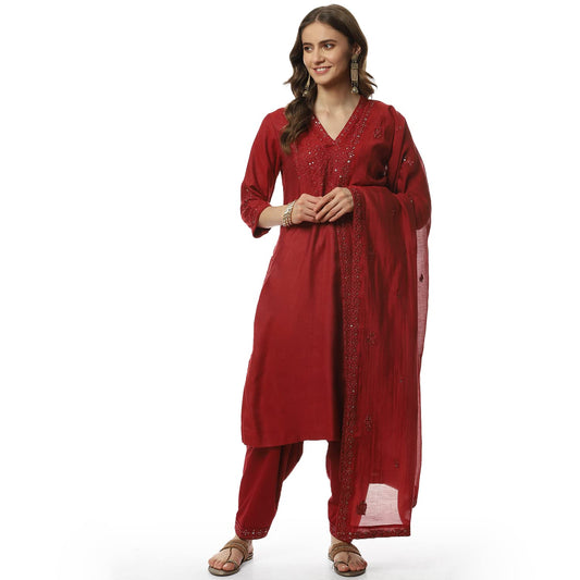 BIBA WOMEN EMBROIDERY RELAXED SALWAR KURTA DUPATTA(SKDCHIKANKA8155_CHERRY RED_36)