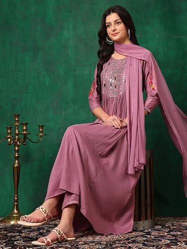 NIVANA Stylish Womens Mirror Embroidered Kurta with Pant & Embroidered Dupatta | Lightweight & Breathable | Ethnic Traditional Outfit for Womens & Girls (Lavender,2XL)