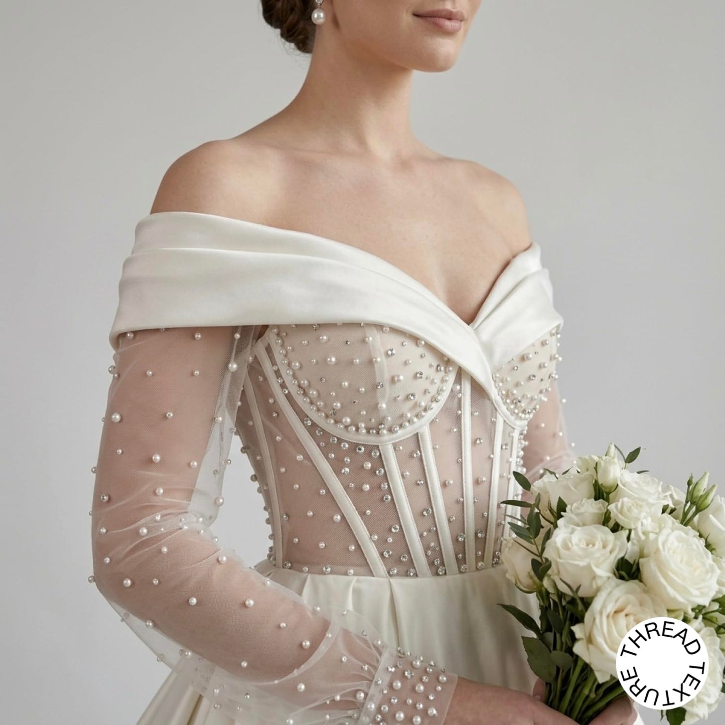 ThreadTexture Princess Pearl Embellished Long Sleeves Ball Gown (in, Alpha, L, Regular, White, Designer Shivay)