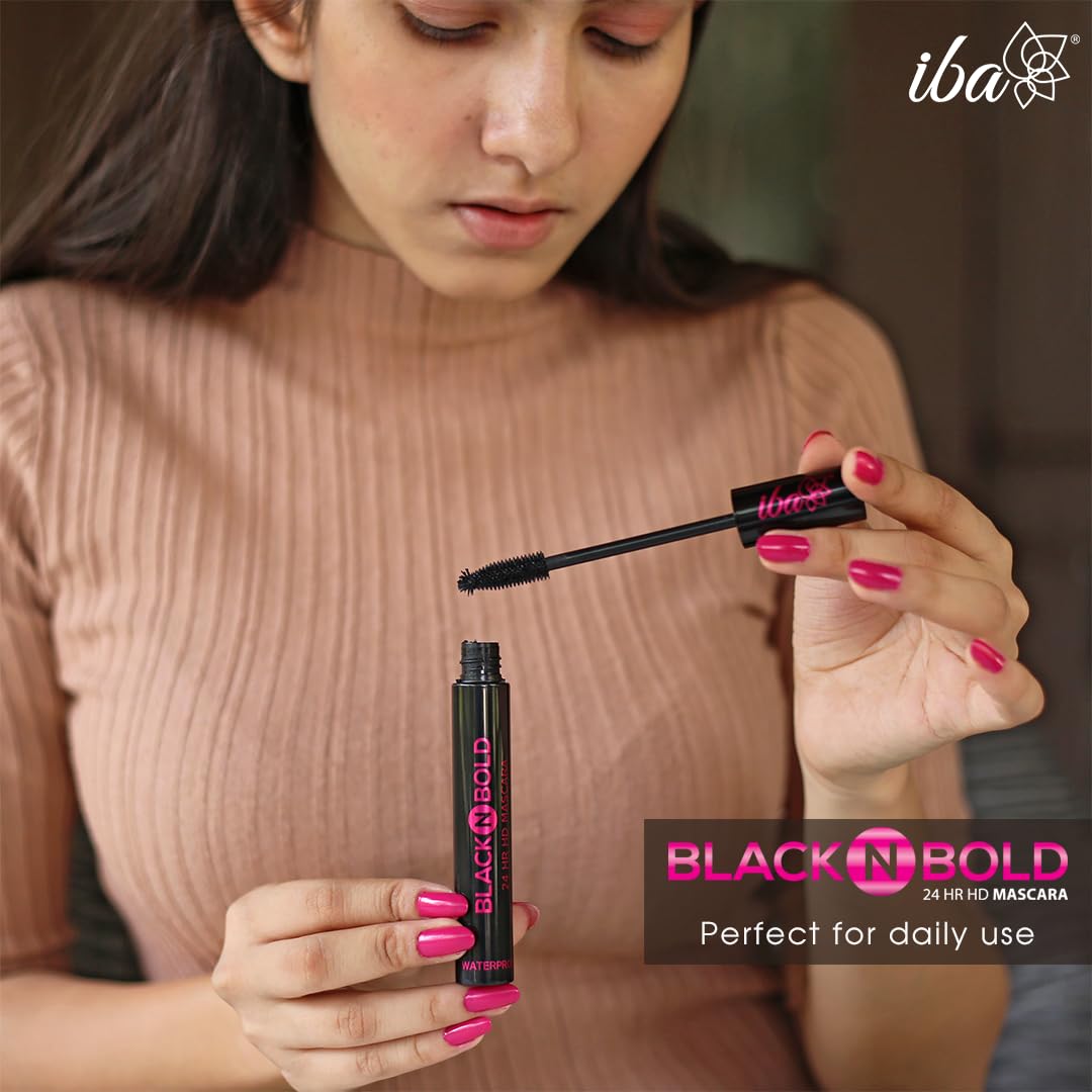 Iba Black N Bold 24 Hr Hd Mascara, Black, 8 ml | Waterproof, Lengthening, Curling, Volumising | 100% Vegan & Cruelty Free