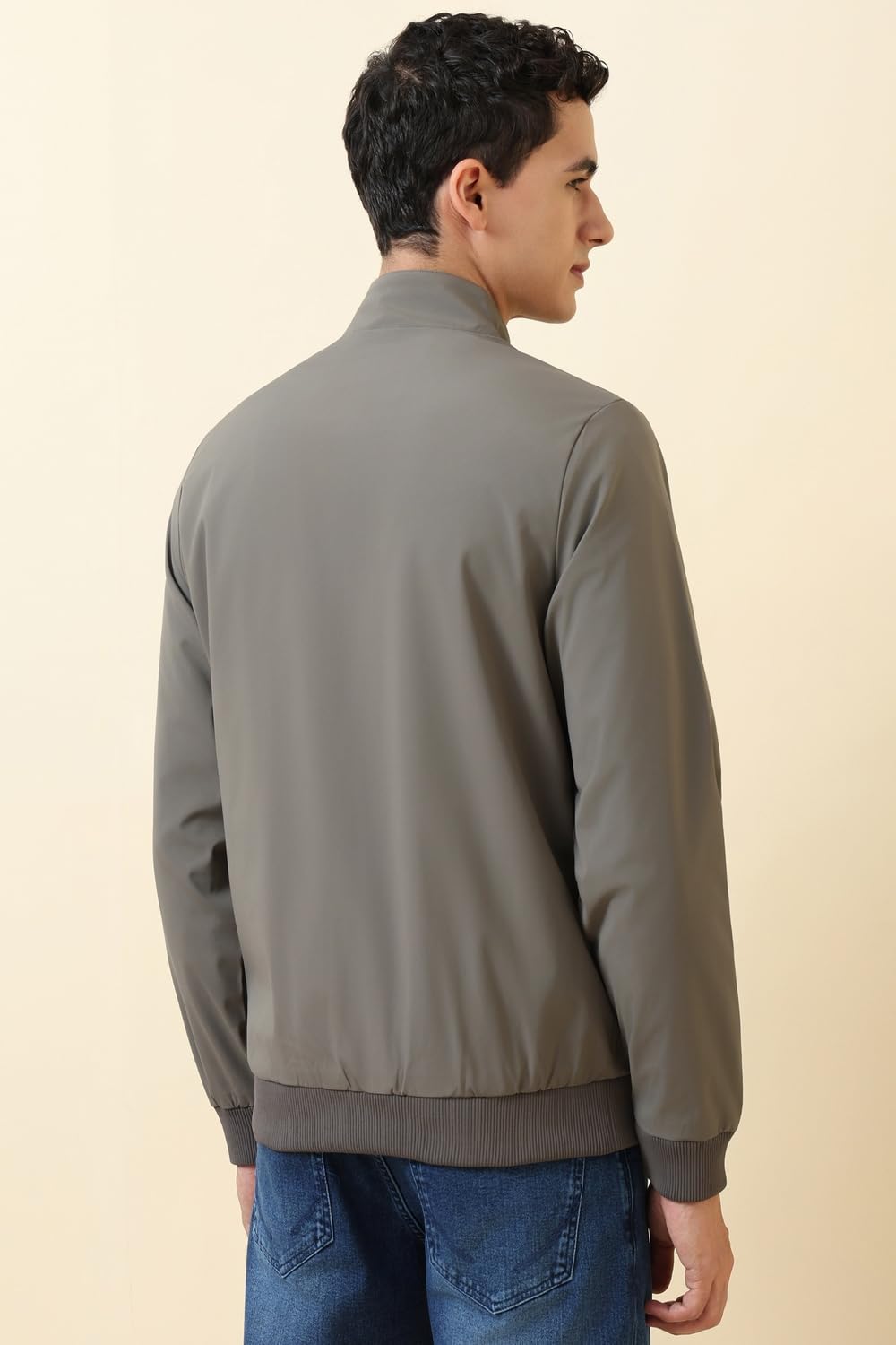 Allen Solly Men's High Neck Solid Bomber Jacket | Non Hooded | Standard Length A-Line Style With Welt Pocket