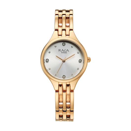Titan Raga Showstopper 4.0 Quartz Silver Round Dial Women's Watch | Rose Gold Colour Band | Watches for Women Analog - 95356WM01
