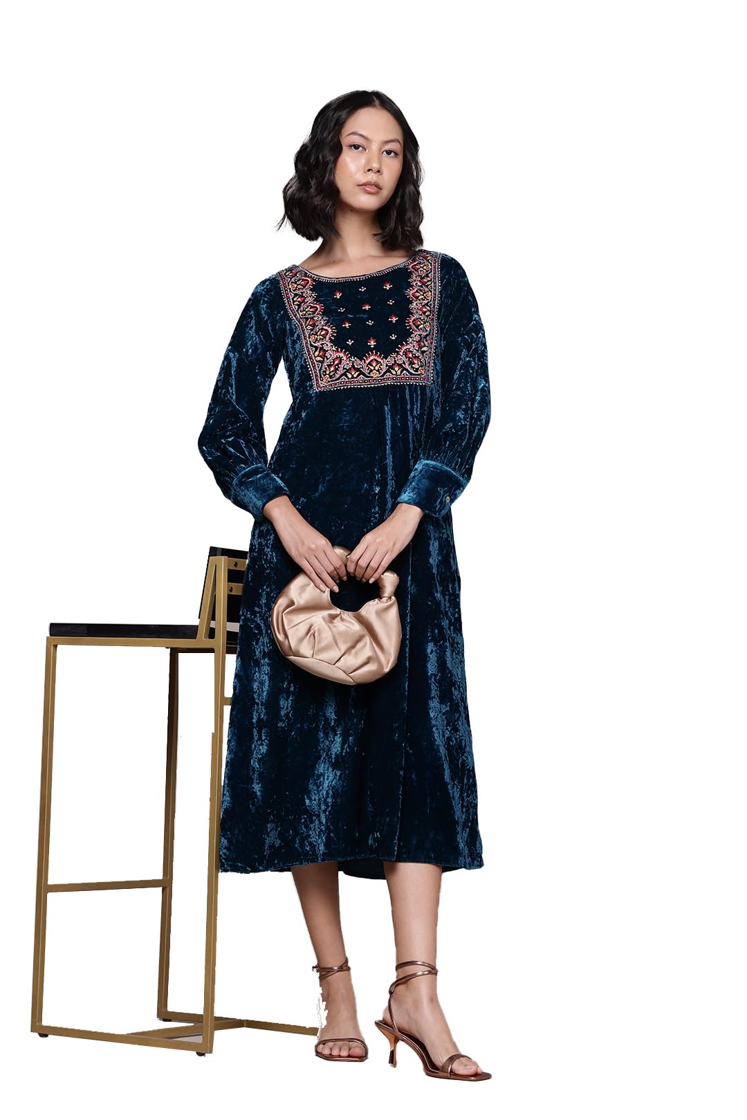 Aarke Ritu Kumar Teal Inara Velvet Midi Dress