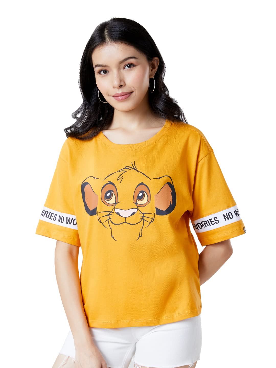 The Souled Store Women Official The Lion King: Super Simba Mustard Yellow Oversized T-Shirts Oversized T Shirts for Women Baggy Boyfriend Tshirt Off-Shoulder Loose Fit Relaxed Drop