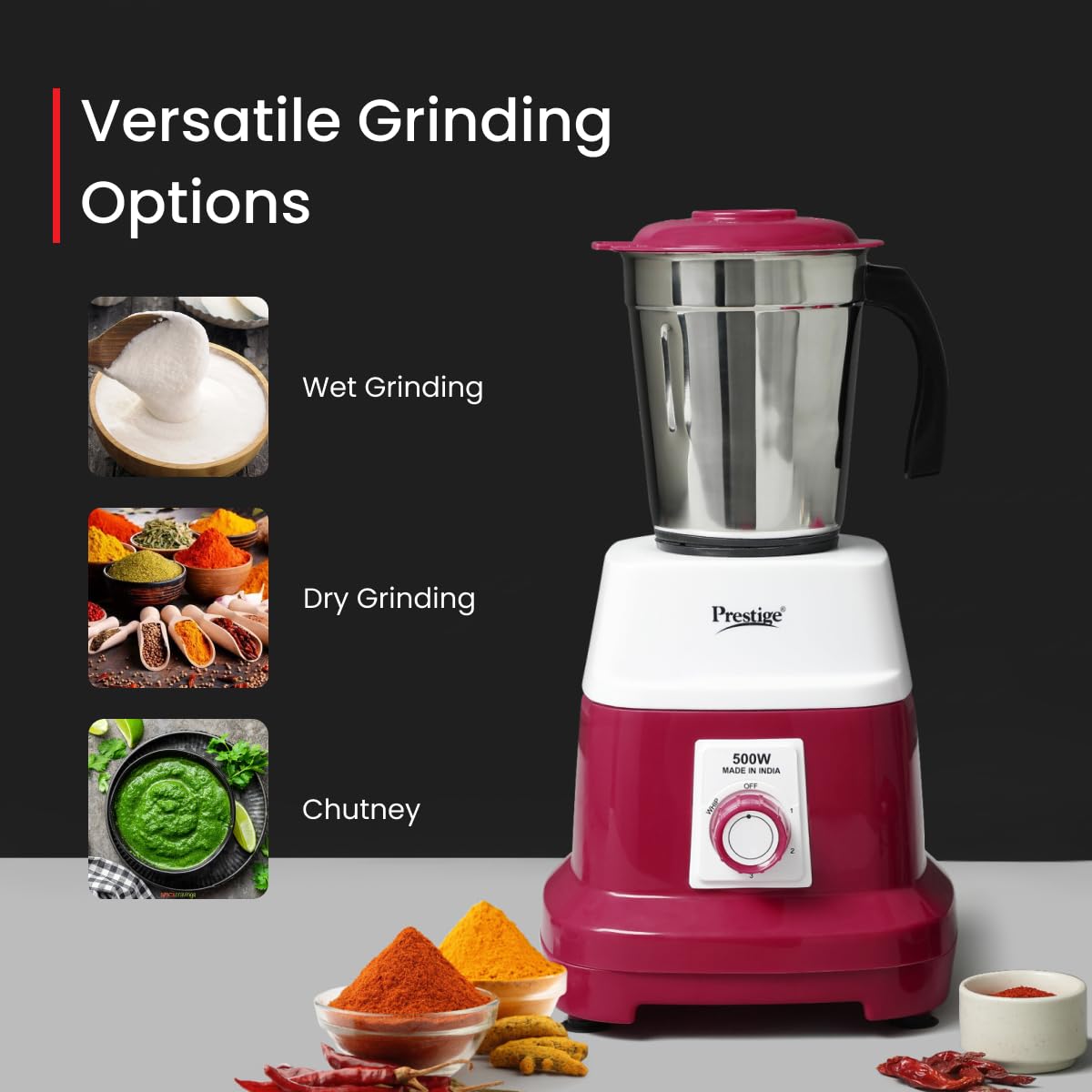 Prestige Orion 500 Watts Mixer Grinder with 3 Stainless Steel Jars |3 Super Efficient Stainless Blades |Sturdy Handles|Red & White