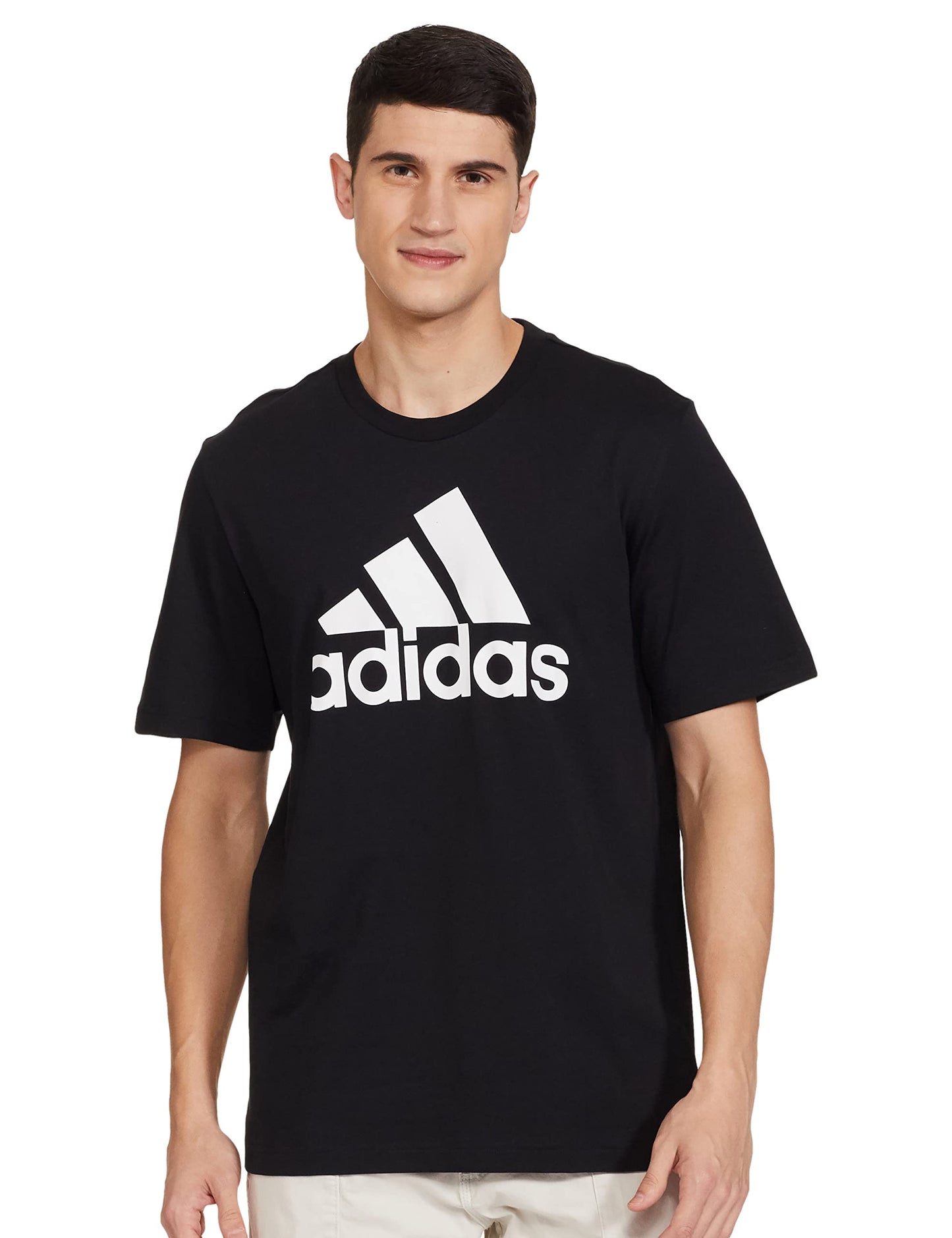 Adidas Men's Cotton Geometric Regular Fit T-Shirt (HS9688_Black/White M)