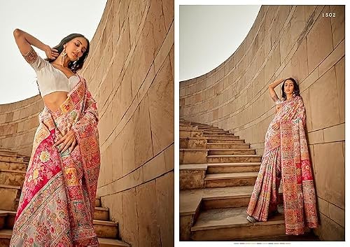 MADHUHANSH Womens Kasamiri Cotton Patola Letest Designer Saree with Unstitched Blouse With Boluse Piece (WHITE)