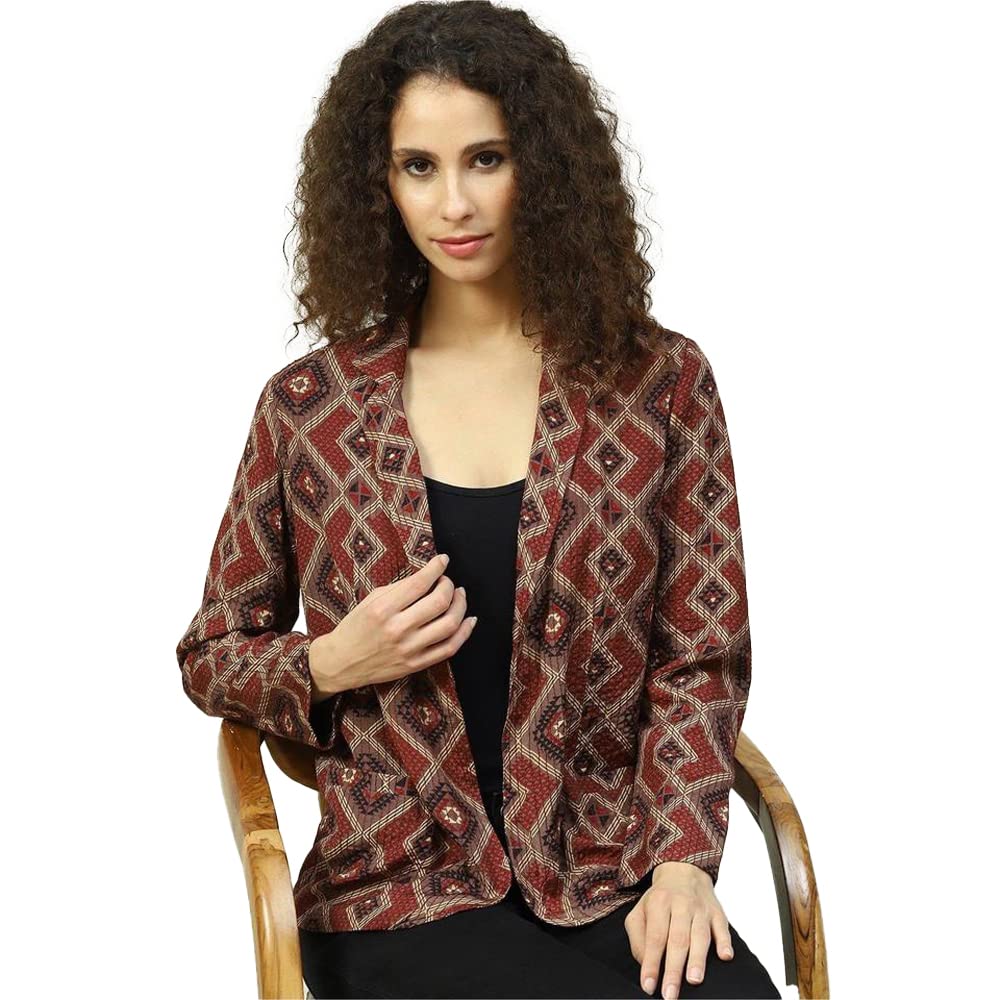 BIBA Women Printed Mix and Match Polyester Blend Standard Length Jacket (WINTER W18761_Brown_34)