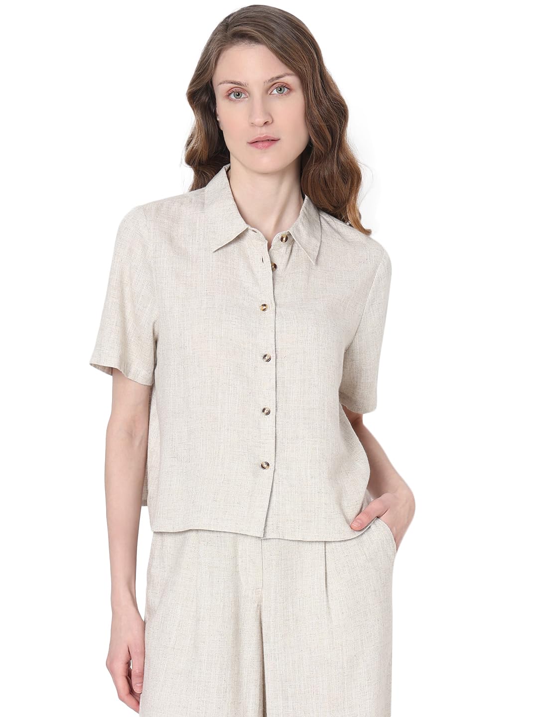 VERO MODA Women Solid Beige Viscose Regular Fit Shirt