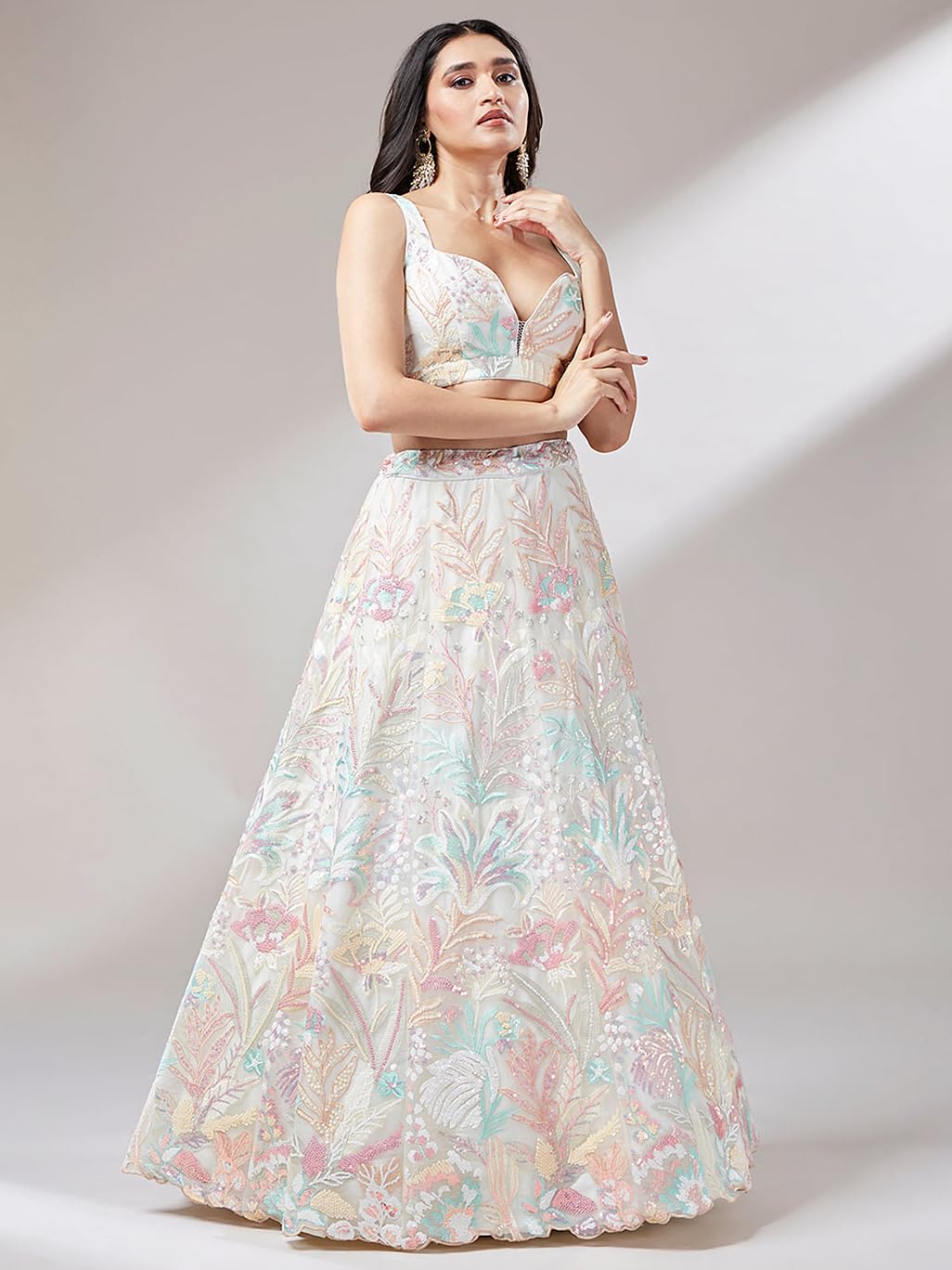 Zeel Clothing Women's Sequins Embroidered Soft Net Lehenga Choli With Dupatta (6032-Off-White-Wedding-Lehenga-Choli-New; Free Size)