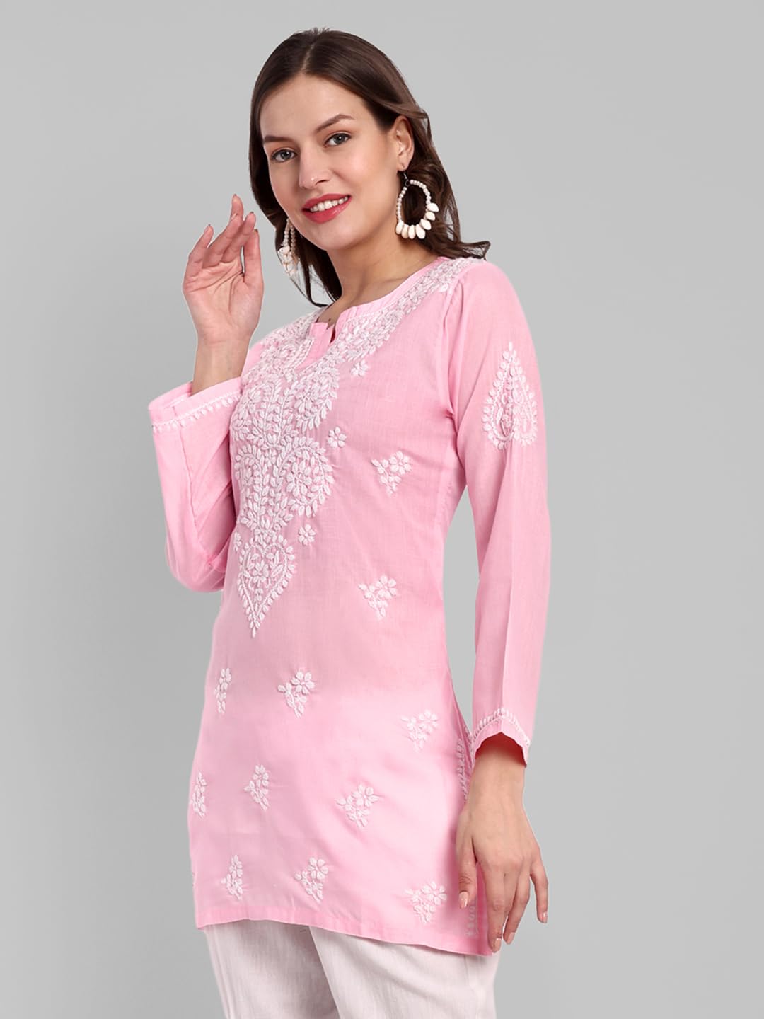 Ada Hand Embroidered Lucknowi Chikankari Cotton Straight Short Top Kurti for Women A911345 Powder Pink (4XL)