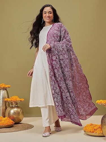 Ada Hand Embroidered Lucknowi Chikankari Georgette Ethnic Wear Dupatta stole for Women A511228 Wine