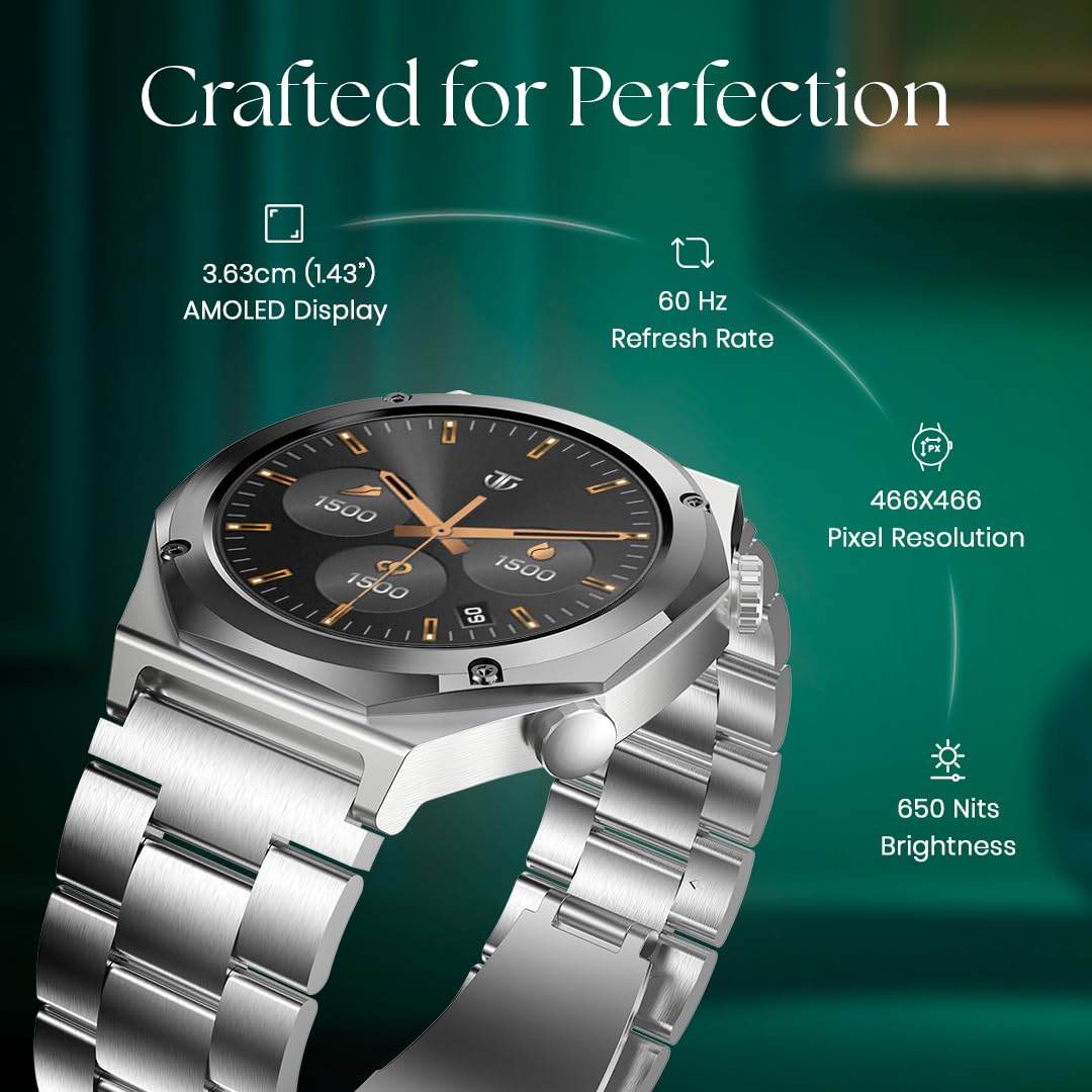 Titan Maestro 1.47" Zero Lag AMOLED Smart Watch for Man with SS316L Stainless Steel, BT Calling, 60Hz Refresh Rate, Health Tracking,10 Days Battery,Water & Dust Resistant, Extra Silicon Strap (Black)