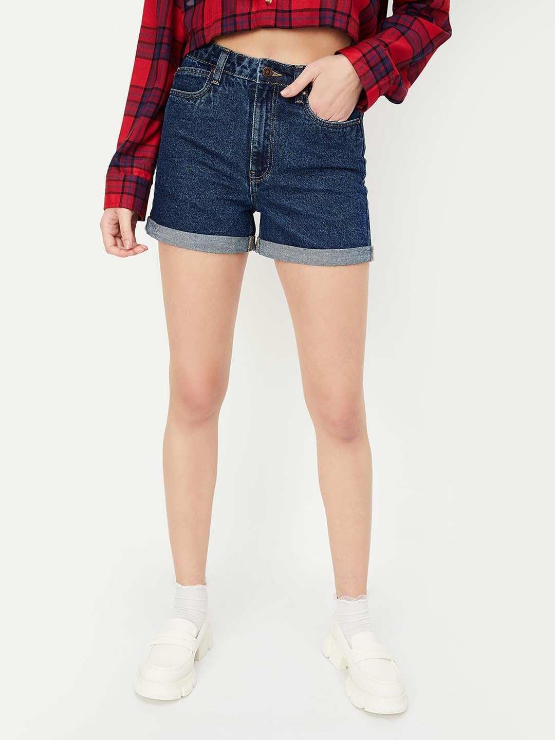 Max Women Solid Denim Shorts (LOOM2DDARK Blue)_34