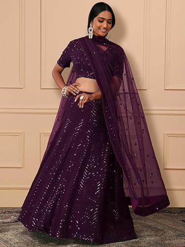 Zeel Clothing Womens Georgette Lehenga Choli Semi-Stitched Purple Free Size