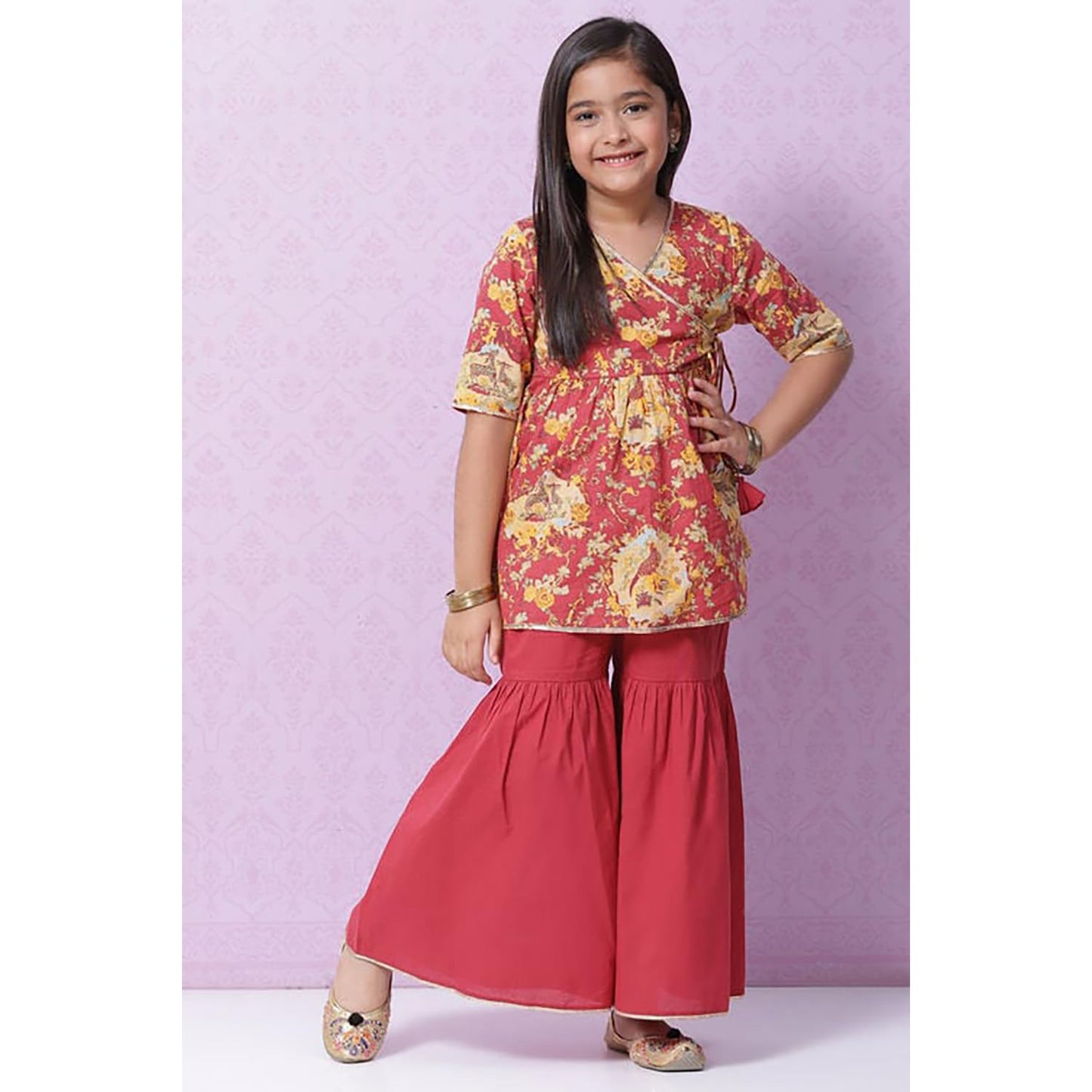 BIBA Girls Cotton Flared Printed Suit Set (KW5028EAW22RED_Red_4 5 Years)