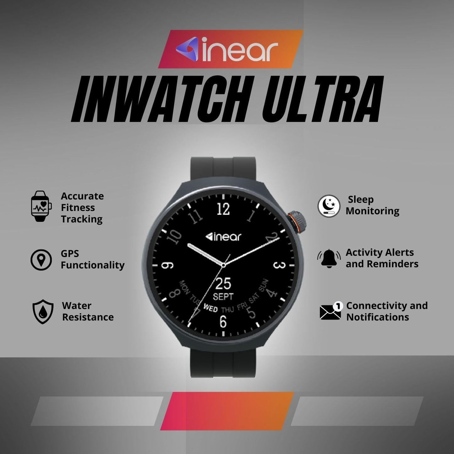 InEar INWATCH Ultra Smartwatch 2.1" HD Display, Bluetooth Calling, Fitness Watch with Heart Rate Monitor, Sleep Tracker, IPX4 Waterproof, Black Strap, Smartwatch for Android iOS Men Women