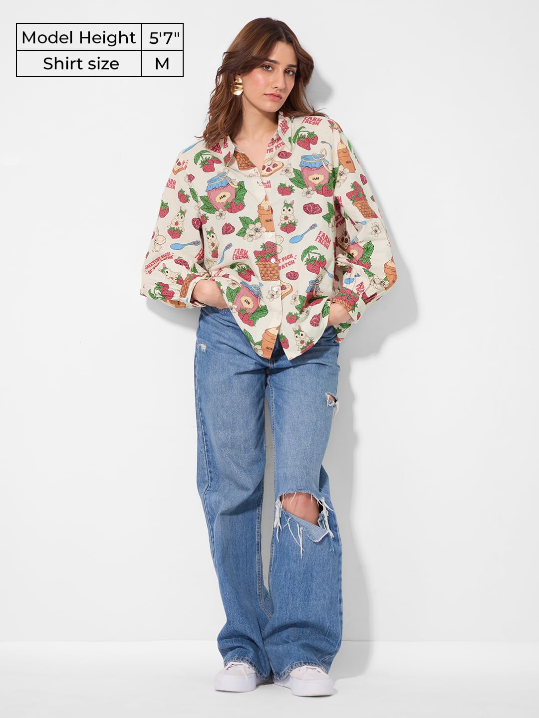 The Souled Store Cotton Linen: Strawberry Women and Girls Long Sleeves Collared Neck Button Front Off White All Over Printed Relaxed Fit Cotton Linen Shirts
