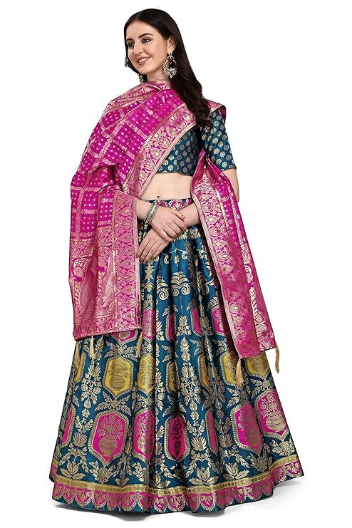 FATIMA SALES AGENCY Unique Women's Indian Traditional Pure Silk Lehenga Choli With Blouse, Color Teal Green