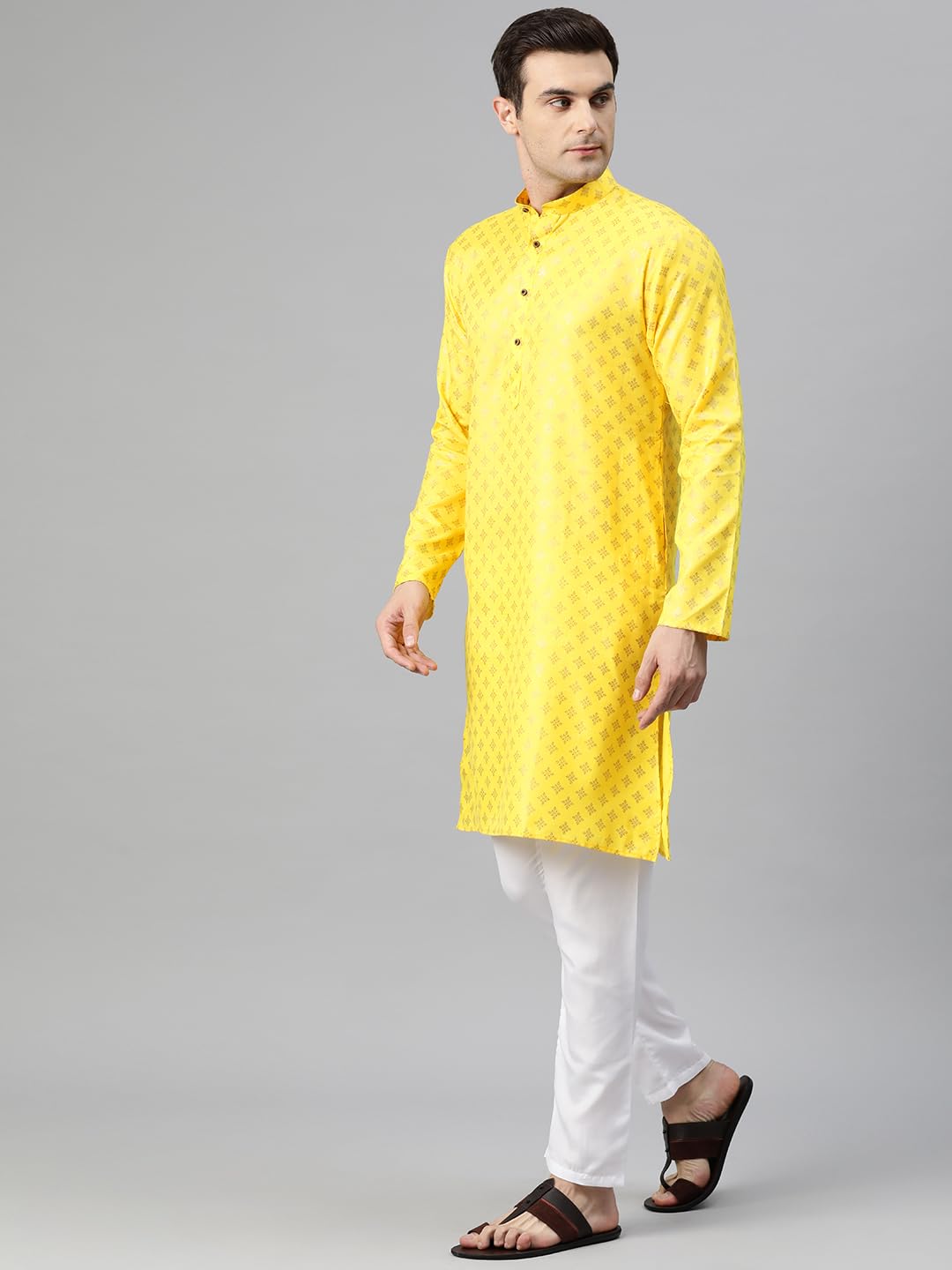 Luxrio Men's Polycotton Geometric Relaxed Kurta Yellow Gold
