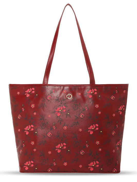 Caprese Snow Tote Bag, Large | Stylish Floral Print Handbag for Women with Laptop Compartment | Spacious, Versatile Office & Daily Essentials Tote | Shoulder Straps, Zipper Closure (Maroon)