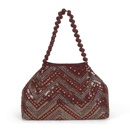 Mochi Women's Maroon Beaded Chevron Design Party Handbag(38-113)