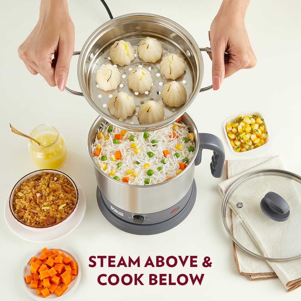 Borosil Multipurpose Electric Kettle with Egg Tray, Idli Stand, Steamer & Grill Plate | 360° Rotating Base, Auto Cutoff, Overheat & Dry Boil Protection, 1 Year Warranty (1.3 L)