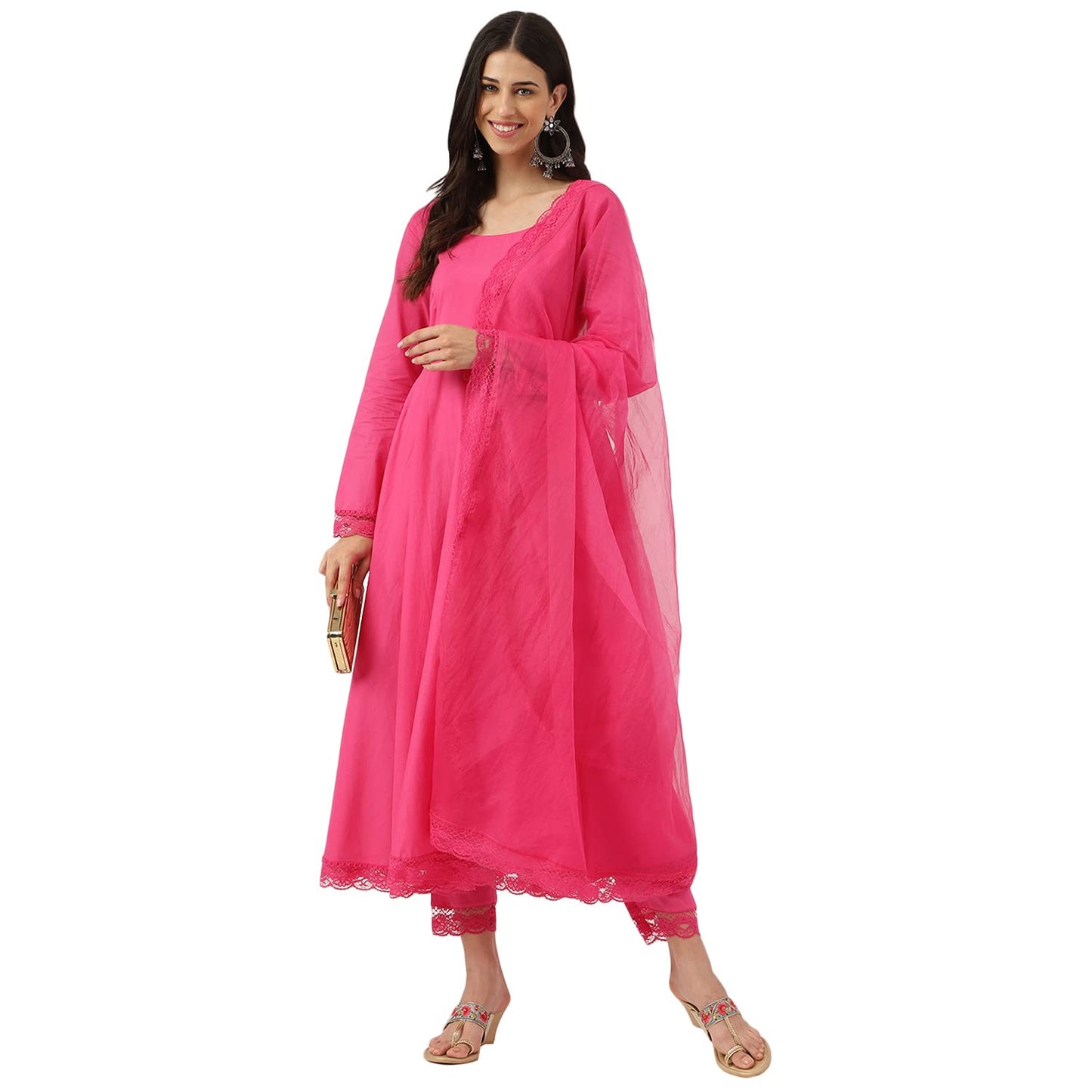 Divena Pink Solid Anarkali Kurta Pant set with Dupatta