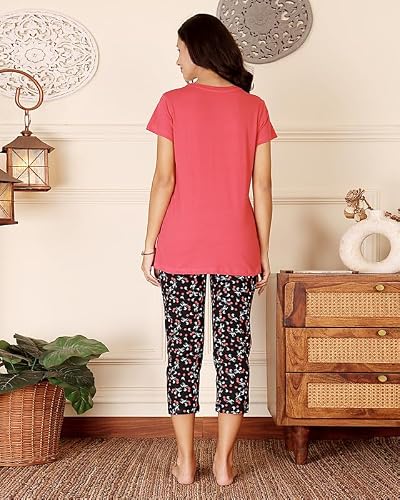 BODYCARE Women's Cotton Printed T-Shirt and Capri Set | Soft & Breathable Nightwear | Short Sleeves | Loungewear Co-Ord Set| BSCS16046_100 Multicolour