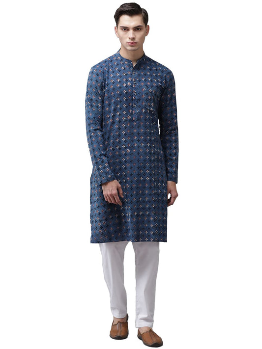 See Designs Men Blue and Maroon Hand Block Print Sustainable Straight with Kurta Pyjama - SDKT95801XS (XS)