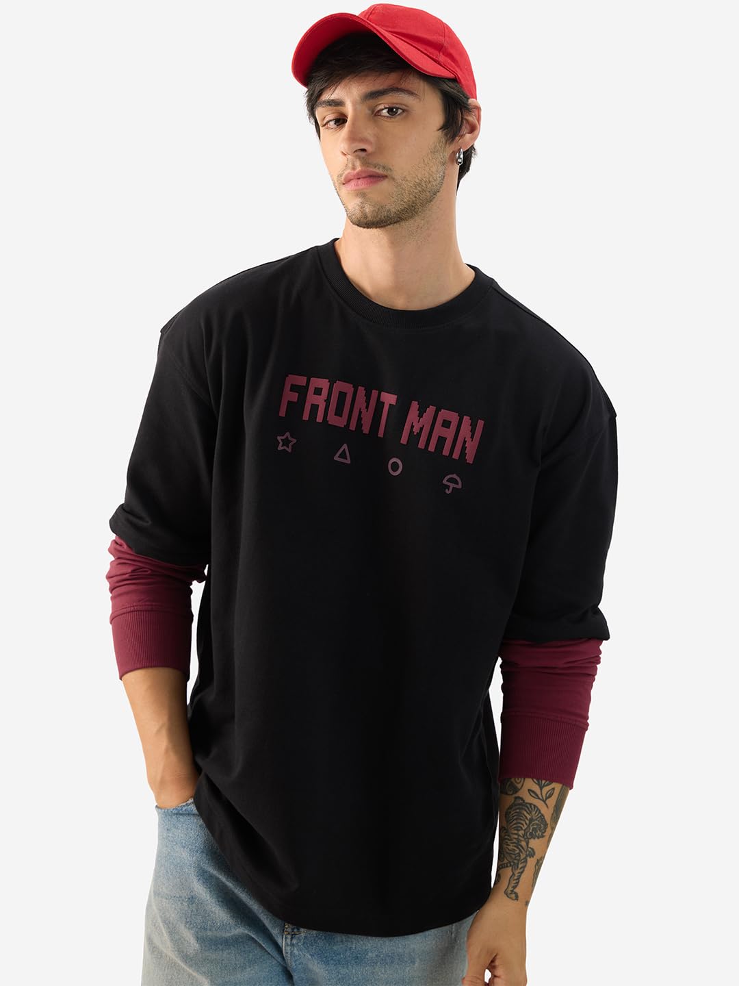 The Souled Store Official Squid Game: Front Man Men and Boys Round Neck Black Graphic Printed Cotton Oversized Full Sleeve T-Shirts