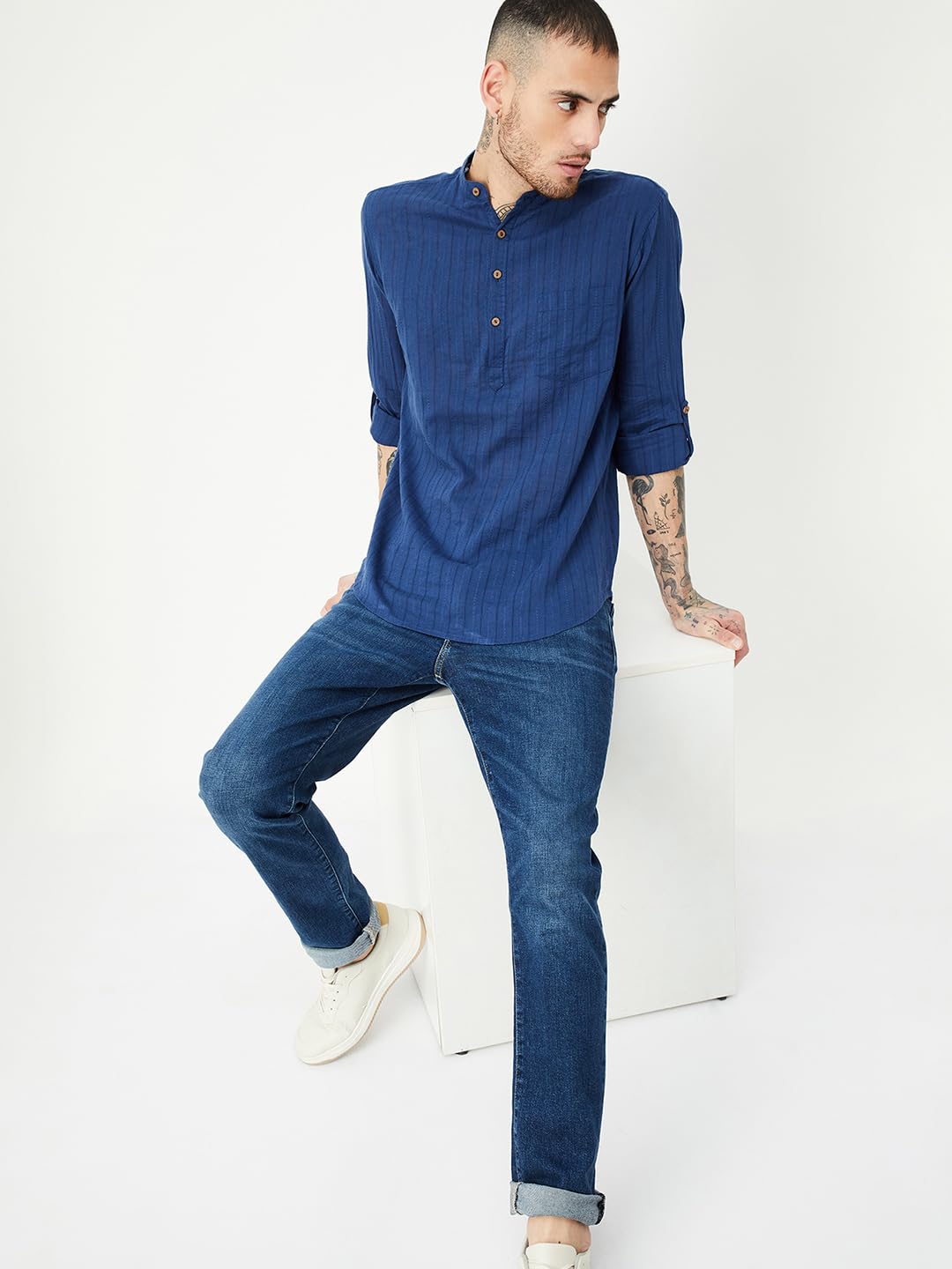 Max Men's Long Sleeves Regular Fit Band Collar Waist Length Cotton Kurta (Blue_M)