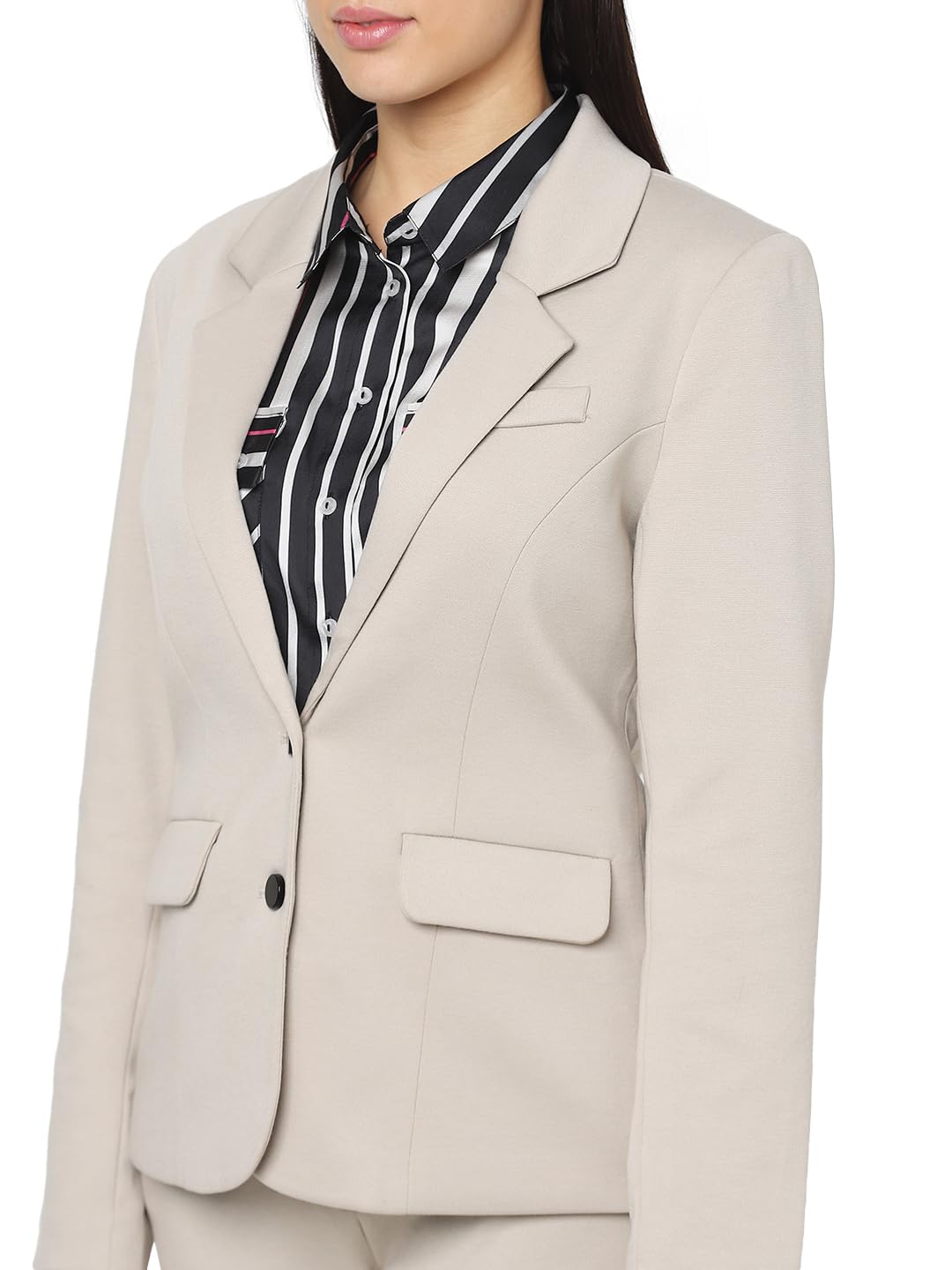 VERO MODA Women Solid Polyester Regular Fit Beige Single-Breasted Blazer