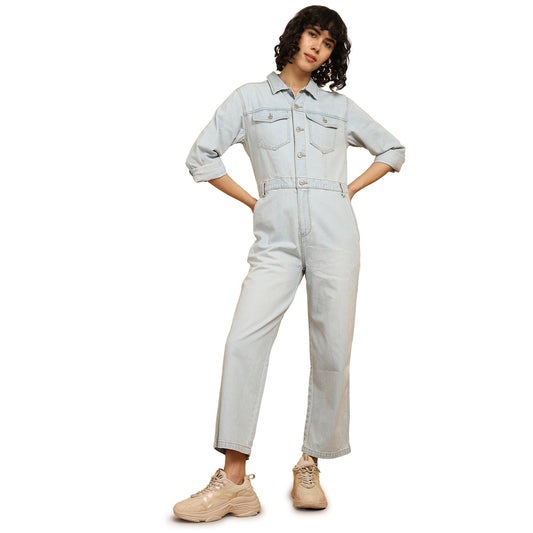Wrangler Women's Solid Blue Classic Regular Fit Jumpsuit
