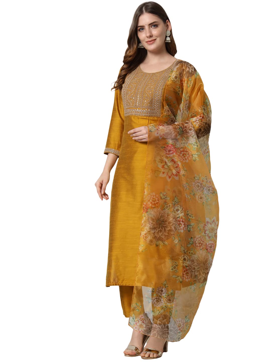 VredeVogel Women's Embroidered Floral Cotton Silk Blend Kurta Pant and Dupatta Set (Mustard_X-Large)