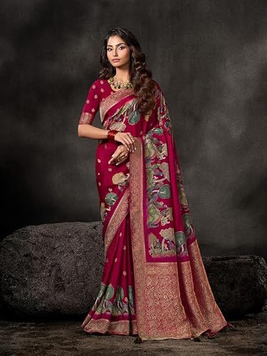 Meena Bazaar Maroon Woven Art Silk Saree With Blouse Piece