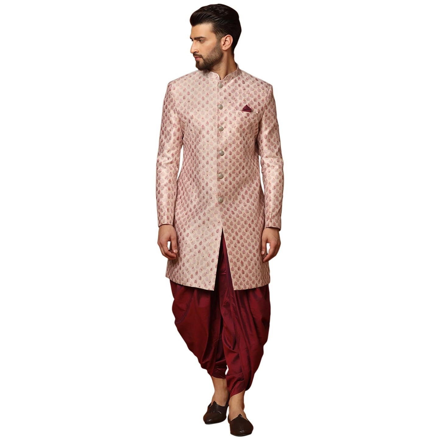 KISAH Men's Multicolor Sherwani Dhoti Set, Cotton Full Sleaves, Knee Length, Straight, Regular Fit, Mandarin Collar Ethnic Wear