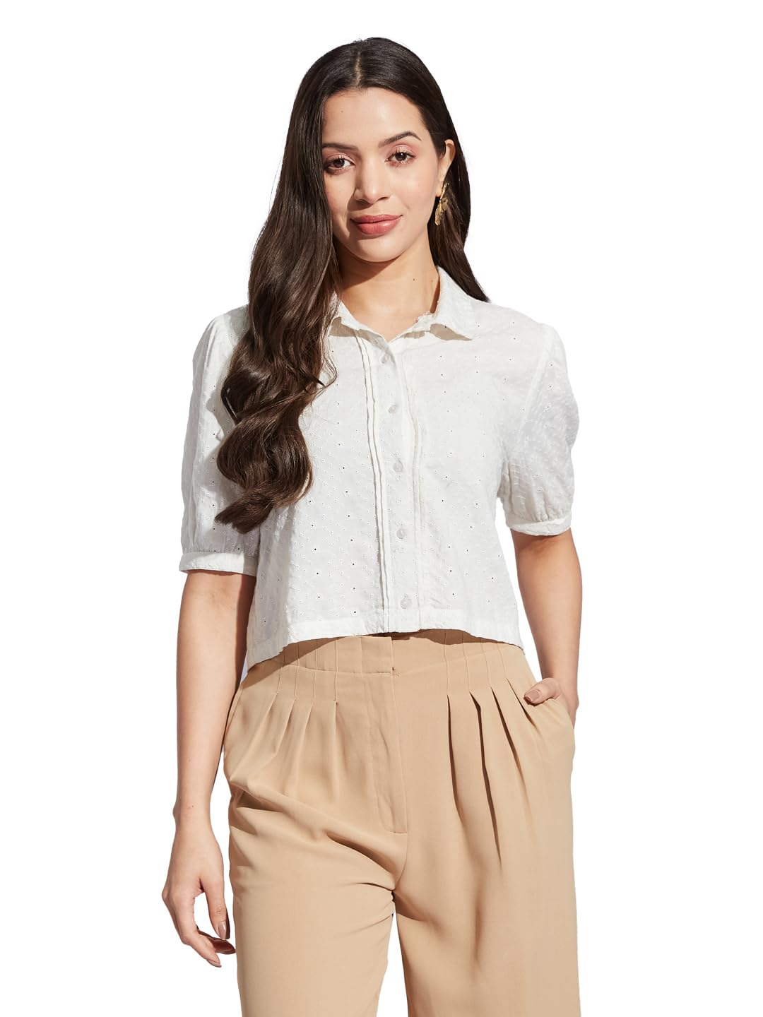 Latin Quarters Women Ivory Collared Half Sleeves Solid Shirt Blouse for Casual Wear_M