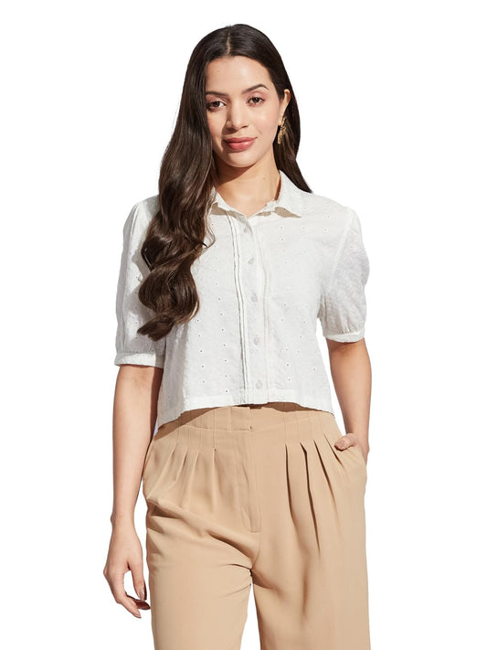 Latin Quarters Women Ivory Collared Half Sleeves Solid Shirt Blouse for Casual Wear_M