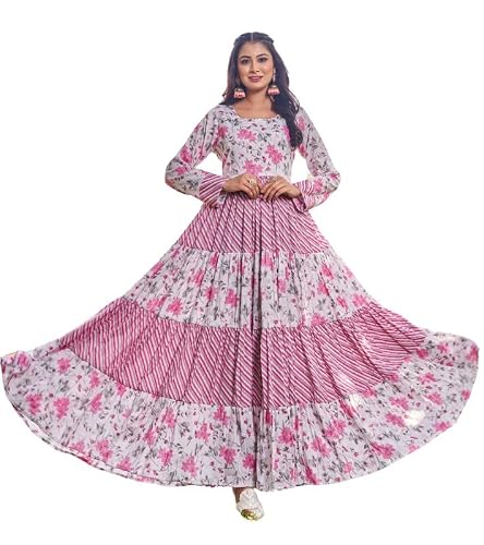 Samprag Women’s Poly Viscose Rayon Gown | Pink Printed Fit & Flare Full-Length Ethnic Dress | Long Sleeve Round Neck Wedding (M)
