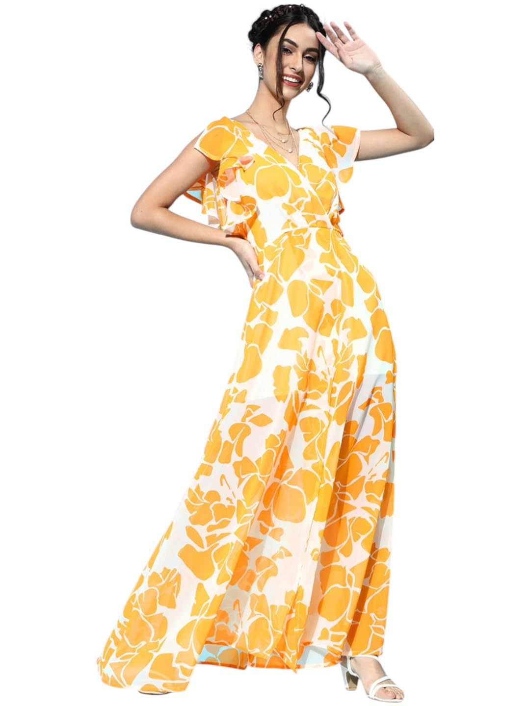 SASSAFRAS Mustard Floral Frill Sleeve Maxi